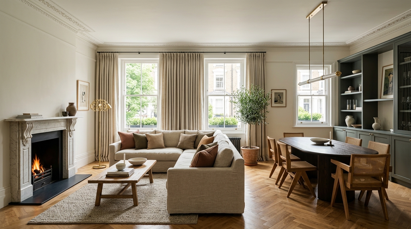 Fully renovated open-plan living and dining space in a London period home with restored cornicing and oak herringbone floor