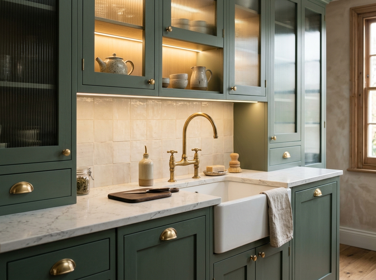 Bespoke renovated London kitchen with sage shaker cabinetry, brass cup handles and a honed quartz worktop